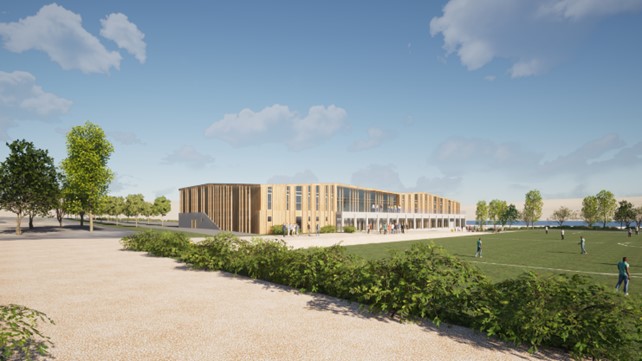 Visualisering af eksempel på nyt klubhus i forbindelse med træningsanlægget
