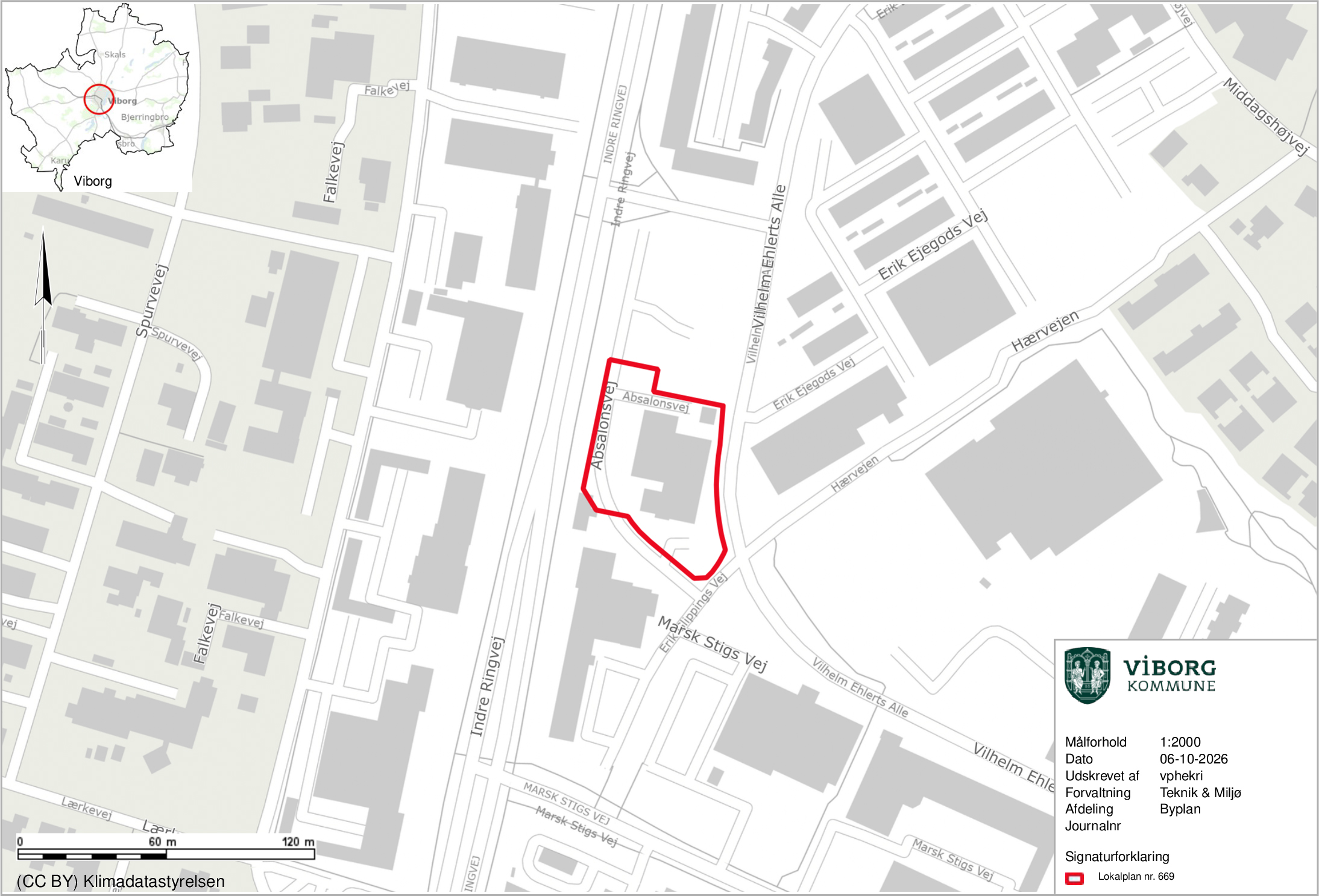 Oversigtskort over område til hotel ved Indre Ringvej i Viborg